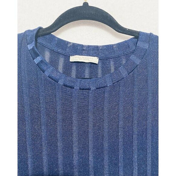 Zara Top Womens Medium Blue Ribbed Crew Neck Short Sleeve Shiny Boho - Picture 2 of 6
